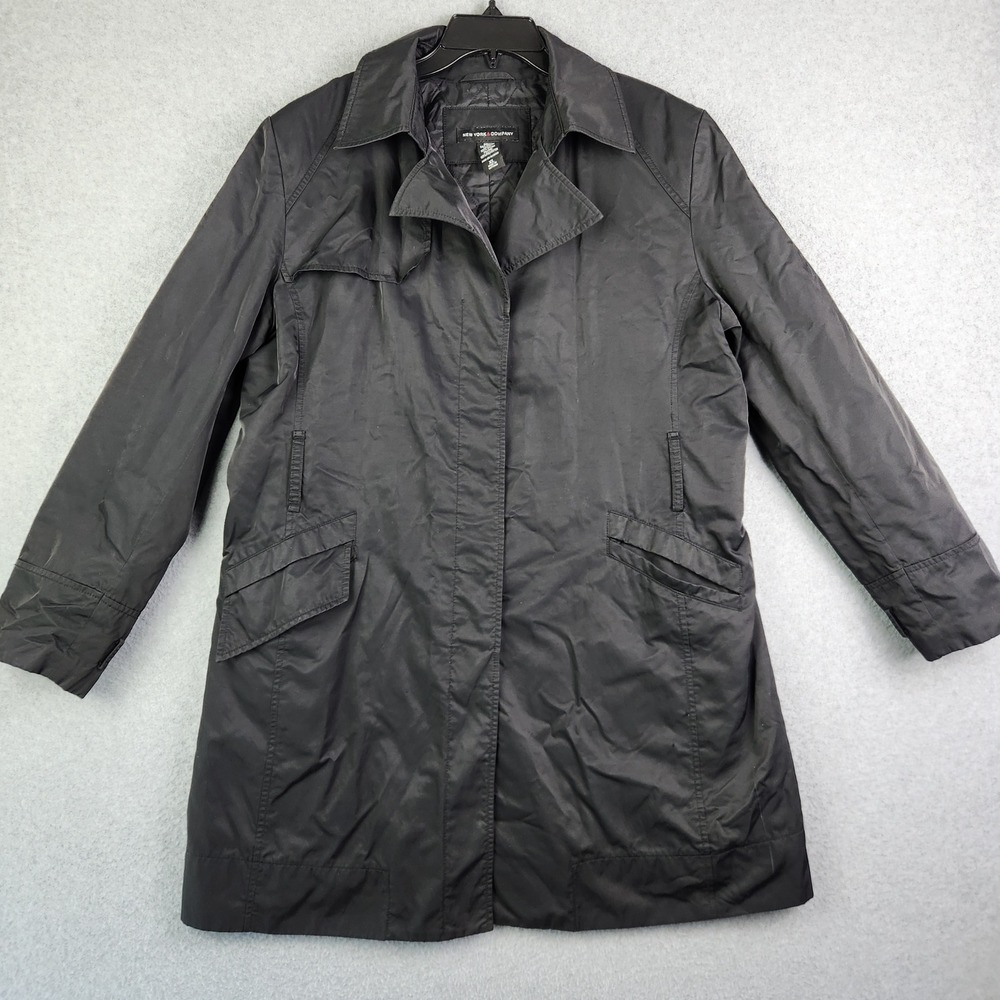 New York & Company Trench Coat Women XL Black Quilted Lined Classic Professional